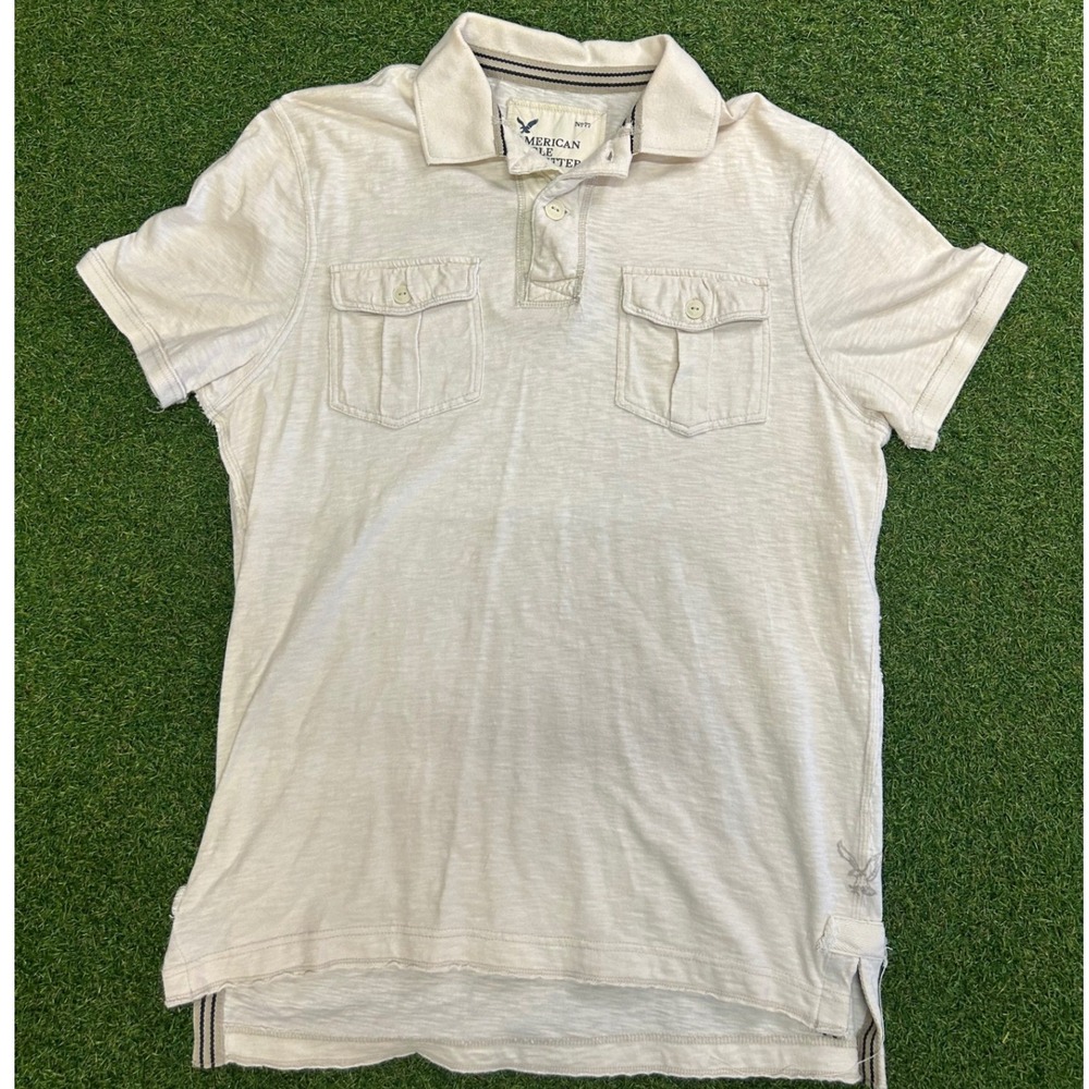 American Eagle Outfitters Mens Large Cream Slub Knit Dual Pocket Polo Shirt
